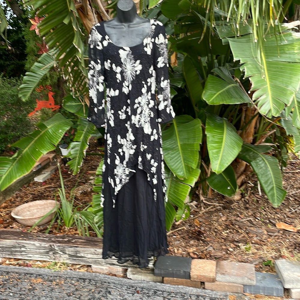 Vintage beaded tiered or layered dark floral dress